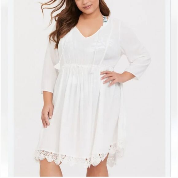 Torrid Ivory White Gauze Crochet Trim Mini Dress Swim Cover Plus Size 3X - Picture 1 of 7